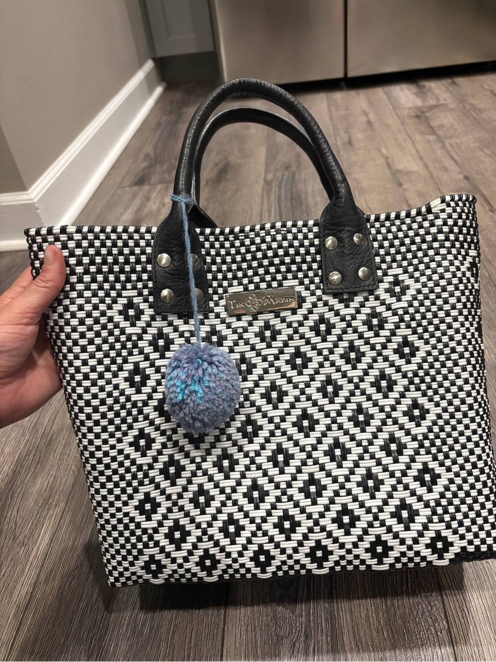 Tin Marin Woven Black & White Tote Bag with Pom Charm
